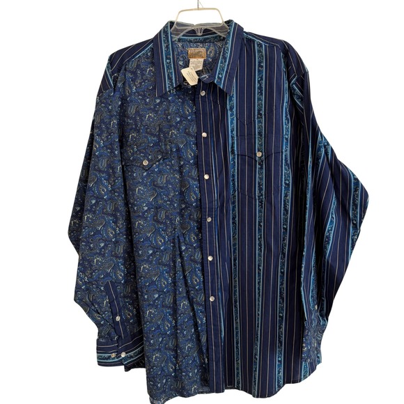 VTG Express Rider 2XL Western Pearl Snap Shirt Blue Paisley Stripe Split Panel - Picture 2 of 9